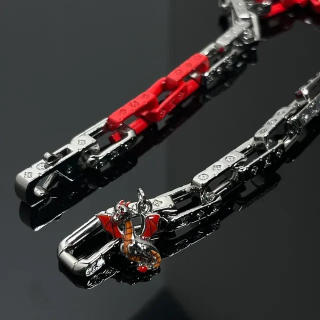 Red Silver Chain-Link Construction Two-Tone Metal And Polymer Bracelet 4