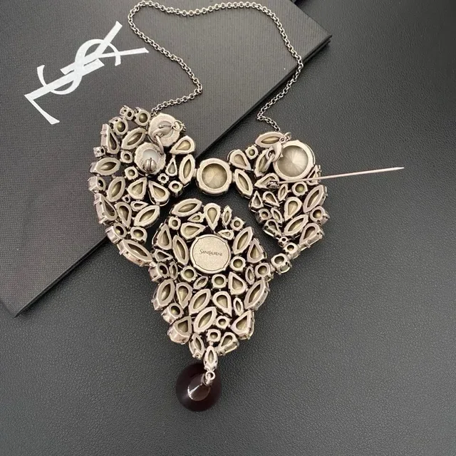 Red Silver Heart-Shaped Jeweled Pendant Multi-Gem Cluster Design Necklace 4