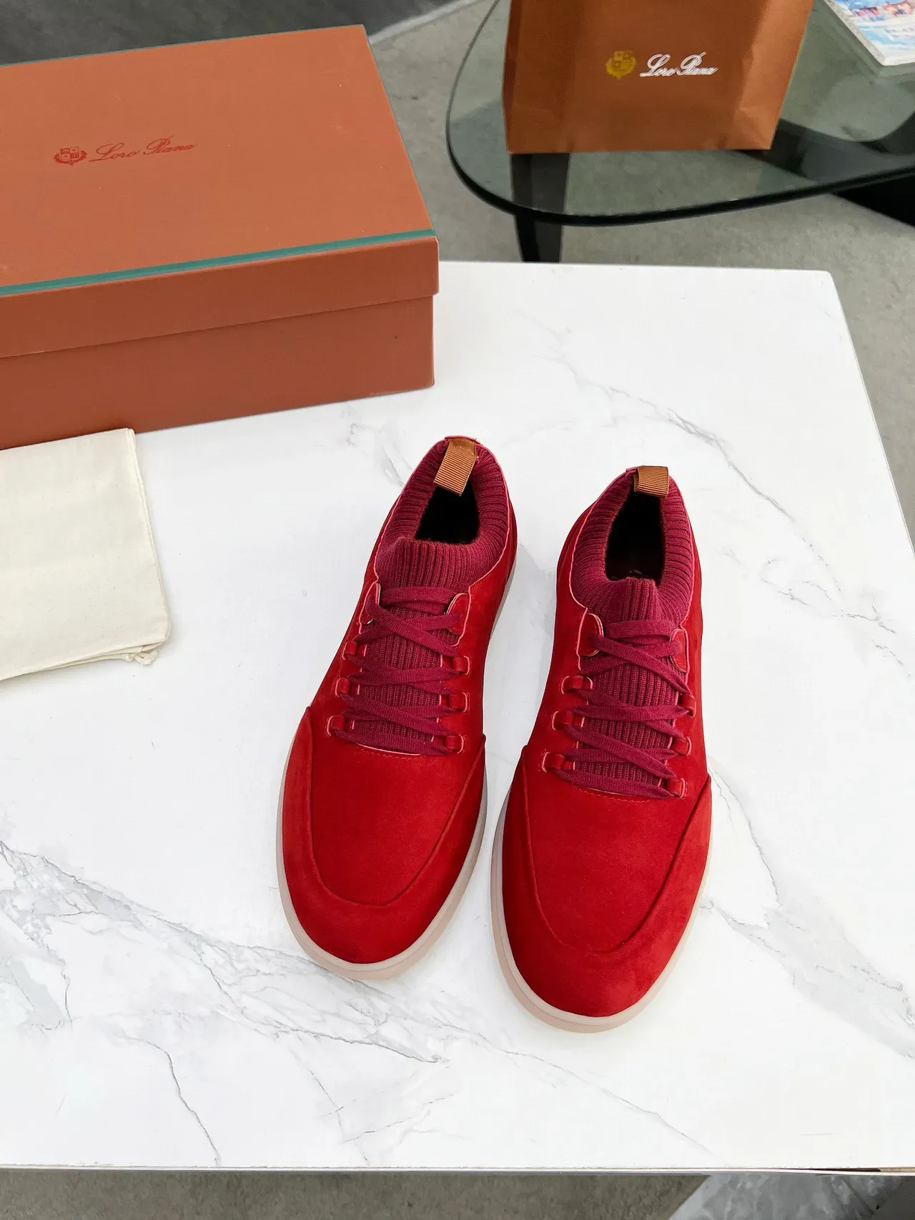 Red Suede Knit-Collar Low-Top Lifestyle Sneakers 4