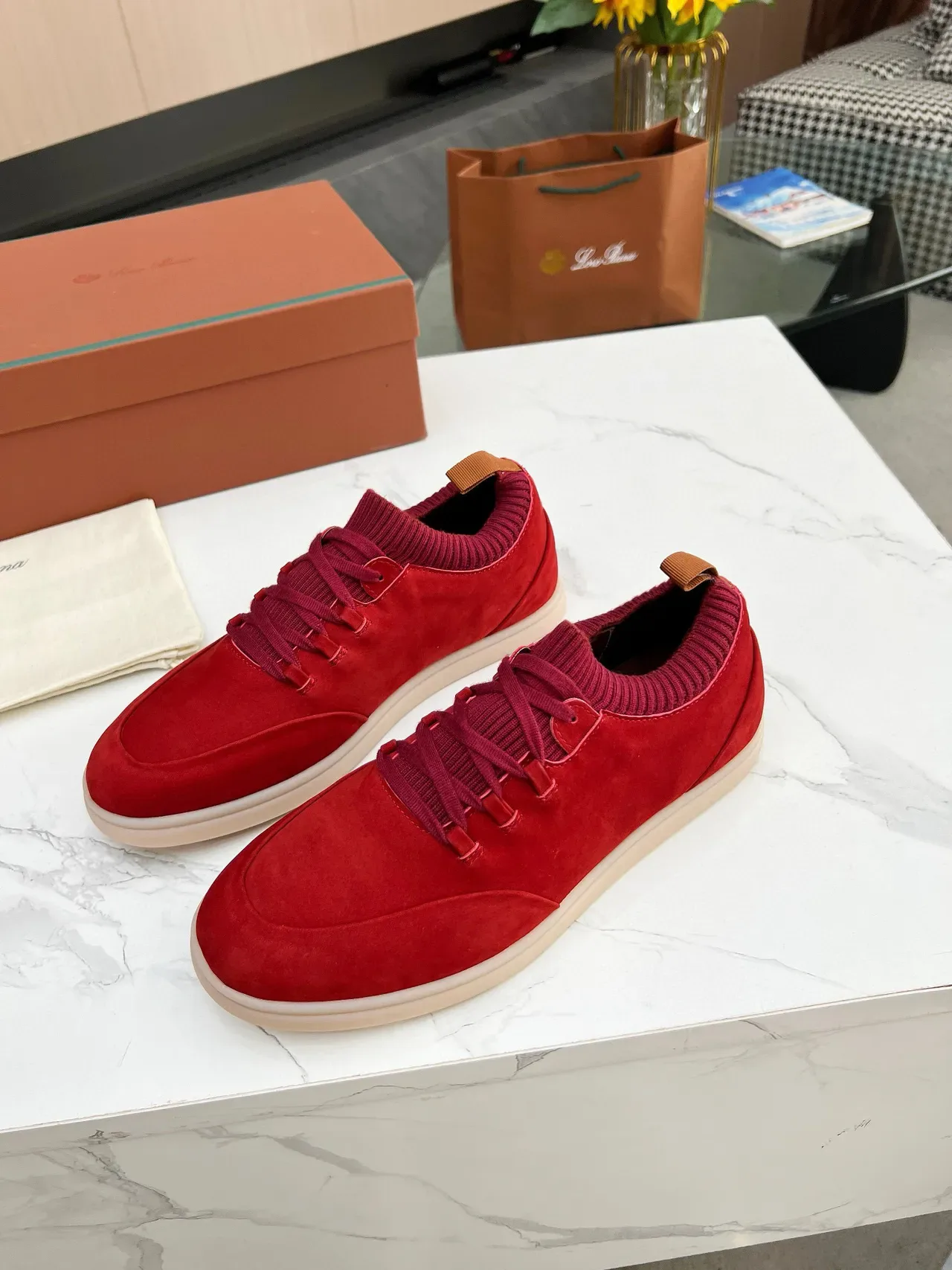 Red Suede Knit-Collar Low-Top Lifestyle Sneakers 5