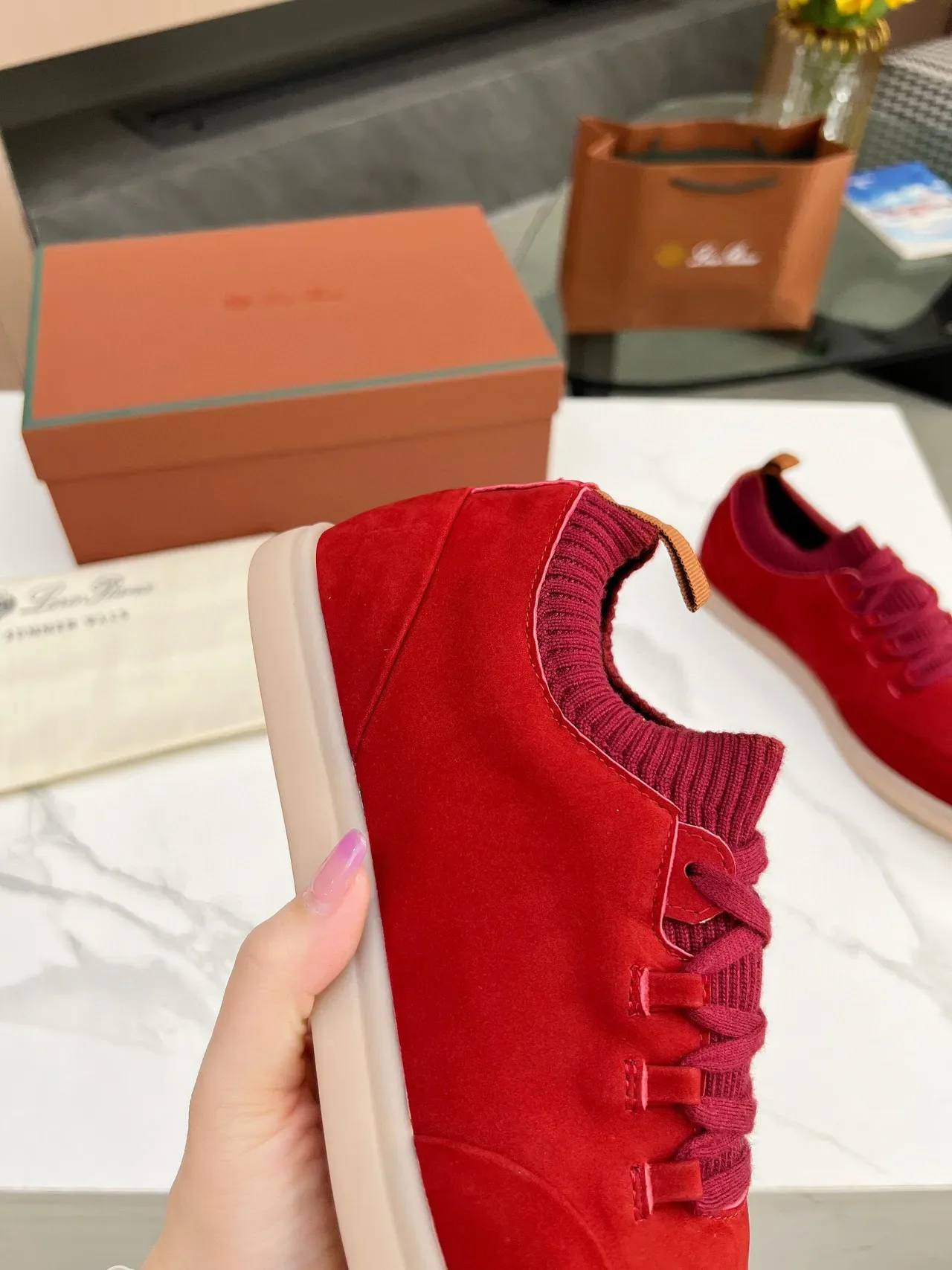 Red Suede Knit-Collar Low-Top Lifestyle Sneakers 6