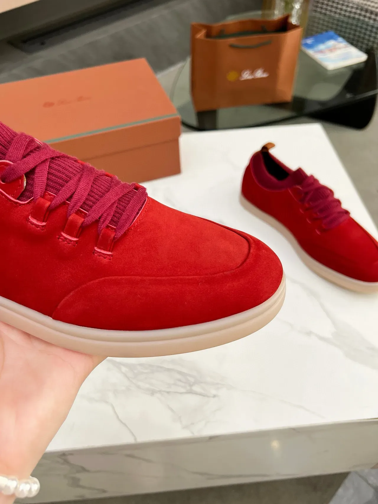 Red Suede Knit-Collar Low-Top Lifestyle Sneakers 7