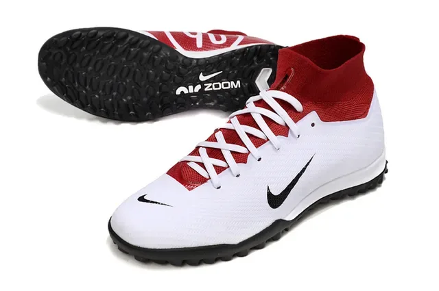 Red White High-Top Knit Upper Sock Collar Turf Soccer Shoes 3