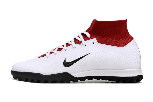 Red White High-Top Knit Upper Sock Collar Turf Soccer Shoes 6