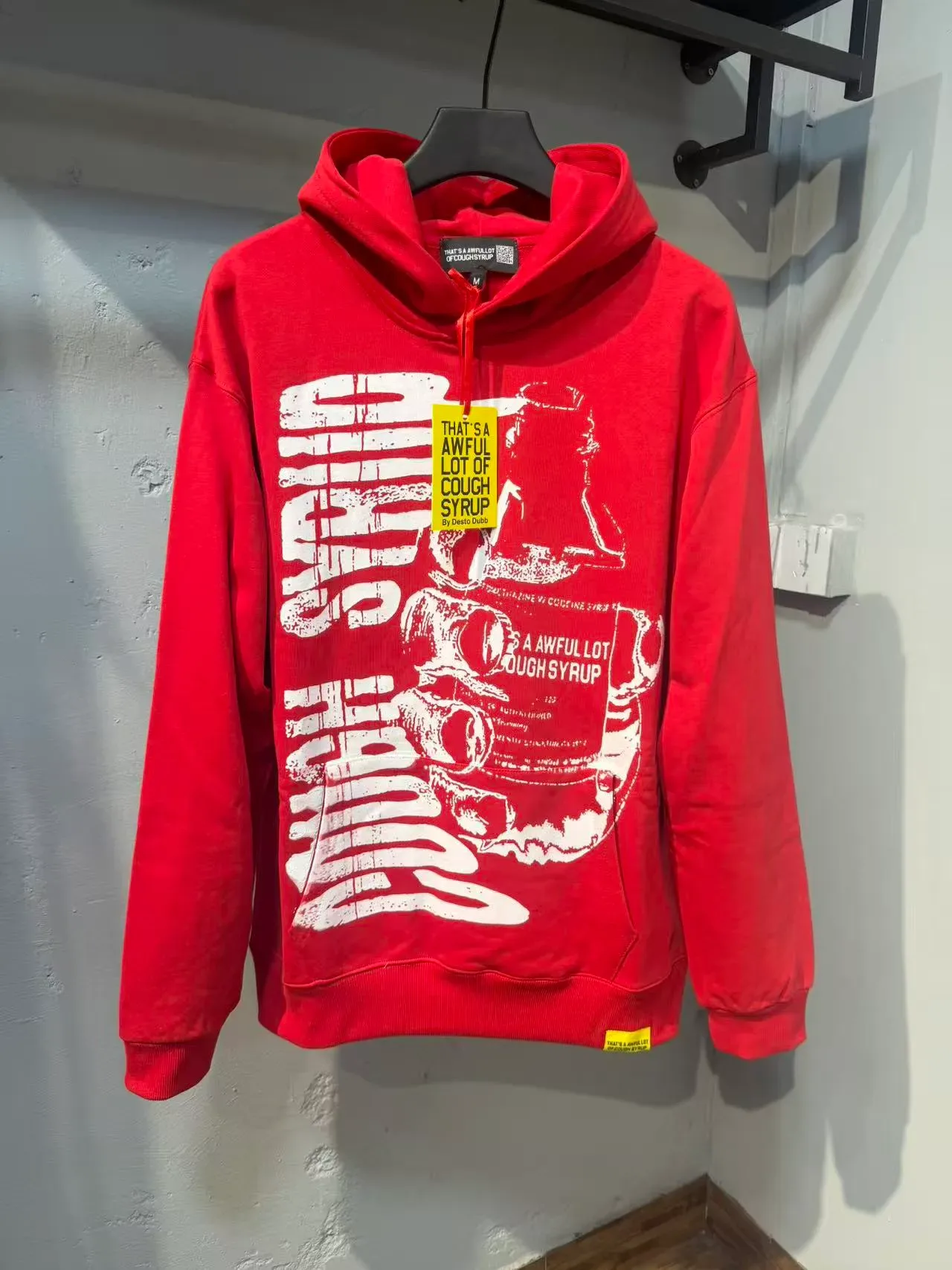 Red White Screen-Print Graphic Distressed Typography Hoodie 3