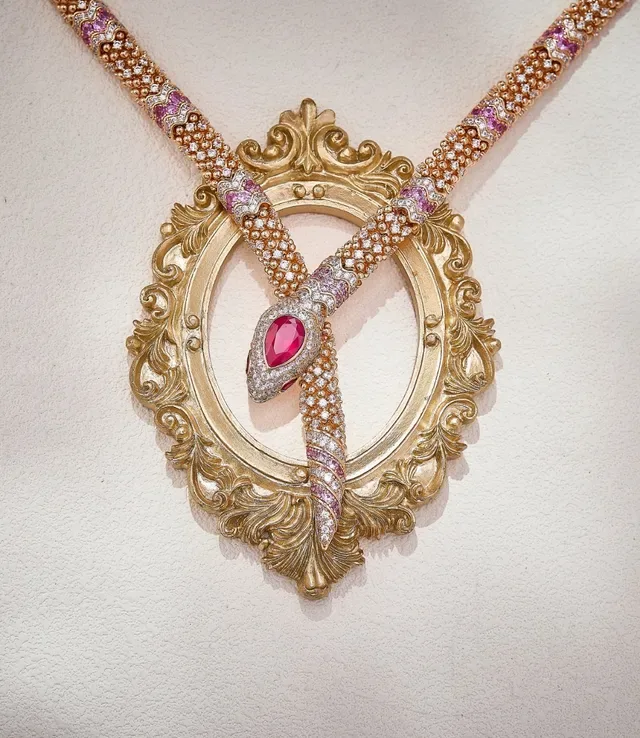 Rose Gold-Tone Snake Motif Pavé Gemstone Necklace 3