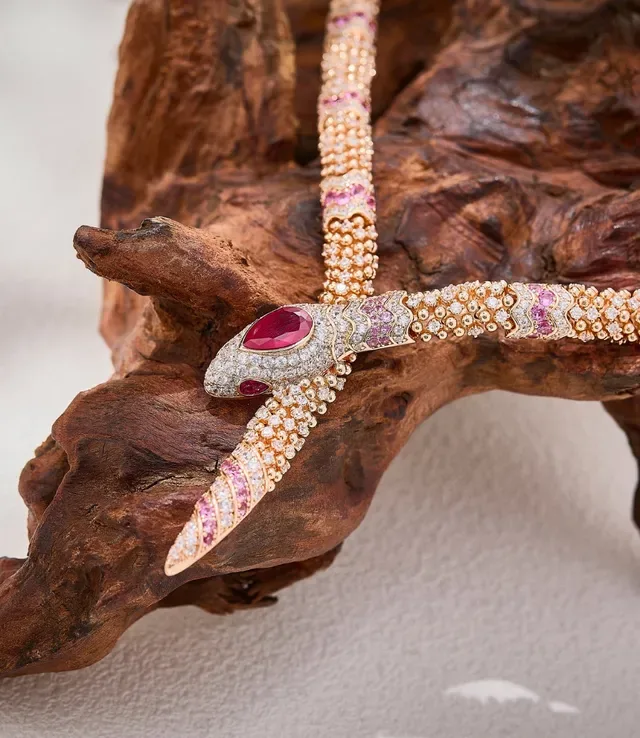 Rose Gold-Tone Snake Motif Pavé Gemstone Necklace 5