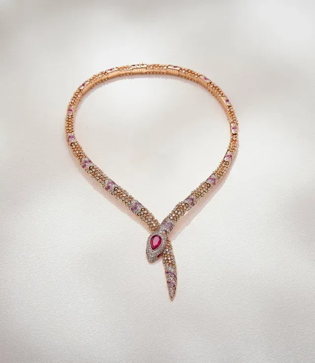 Rose Gold-Tone Snake Motif Pavé Gemstone Necklace 6