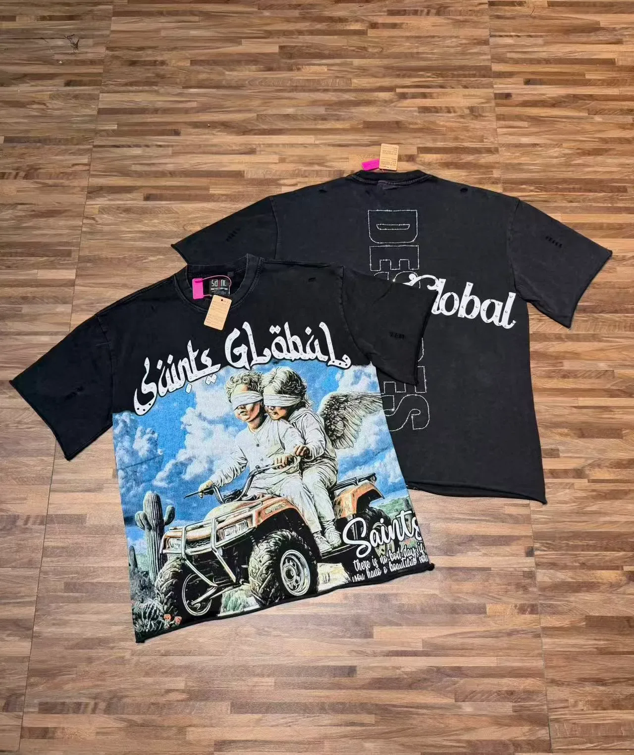 Saints Global Black Multicolor Distressed Graphic-Print T-Shirt 1