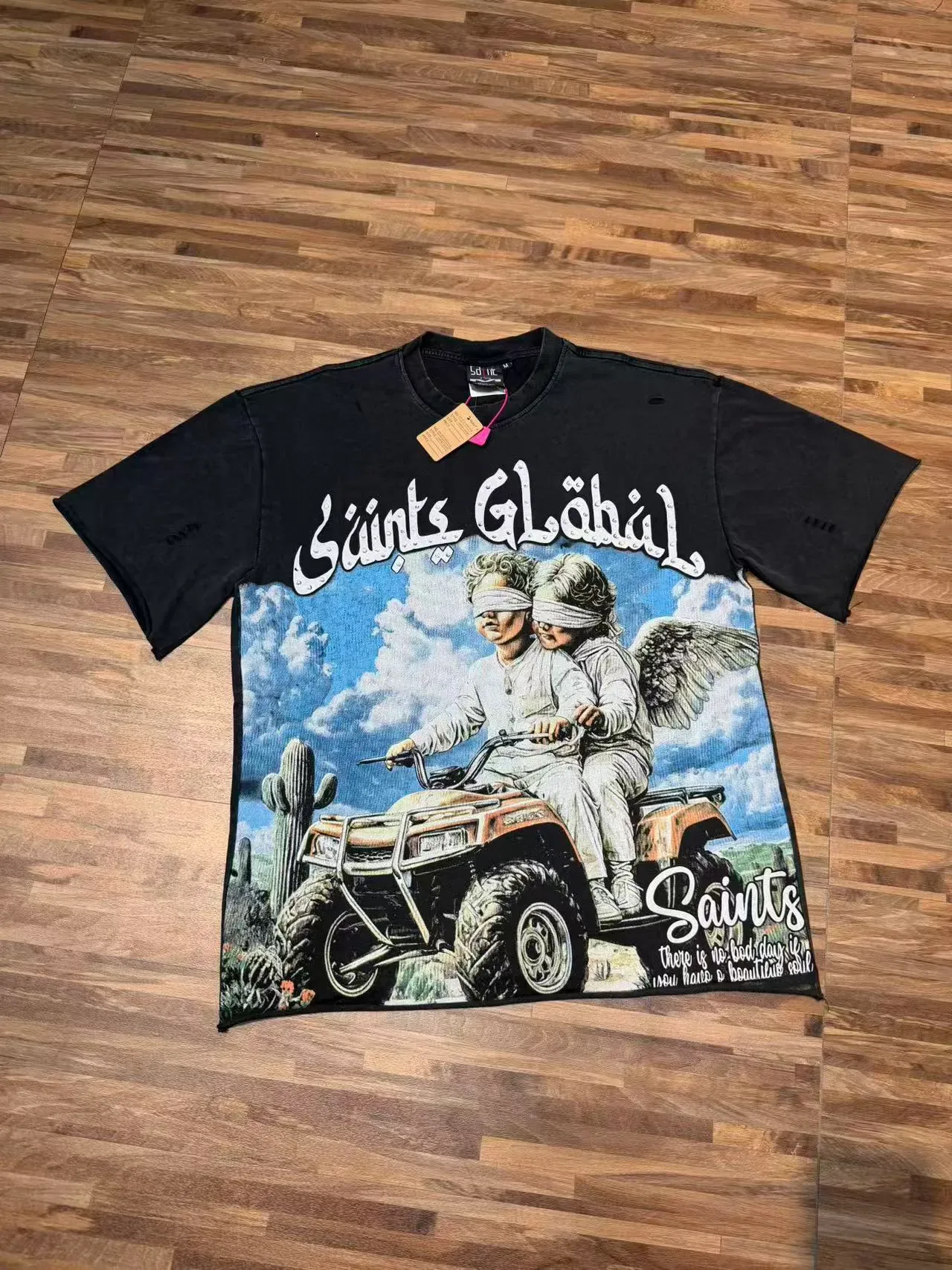 Saints Global Black Multicolor Distressed Graphic-Print T-Shirt 5