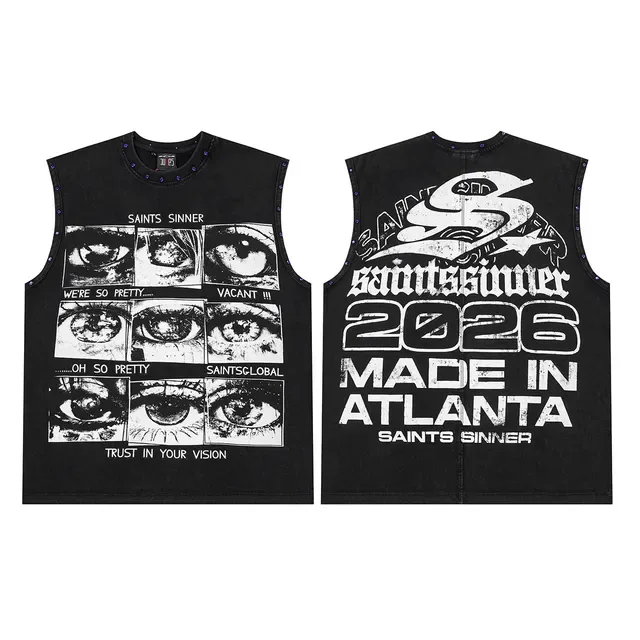 Saints Sinner Graphic-Print Rhinestone-Trimmed Black Denim Vest Top 2