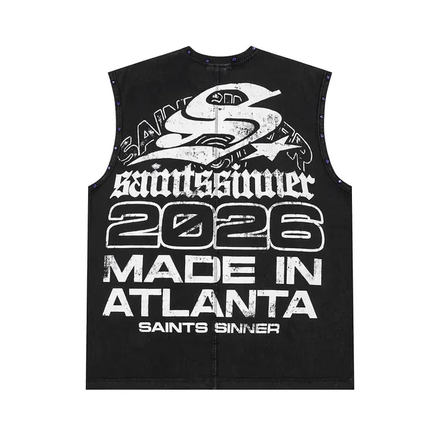 Saints Sinner Graphic-Print Rhinestone-Trimmed Black Denim Vest Top 4