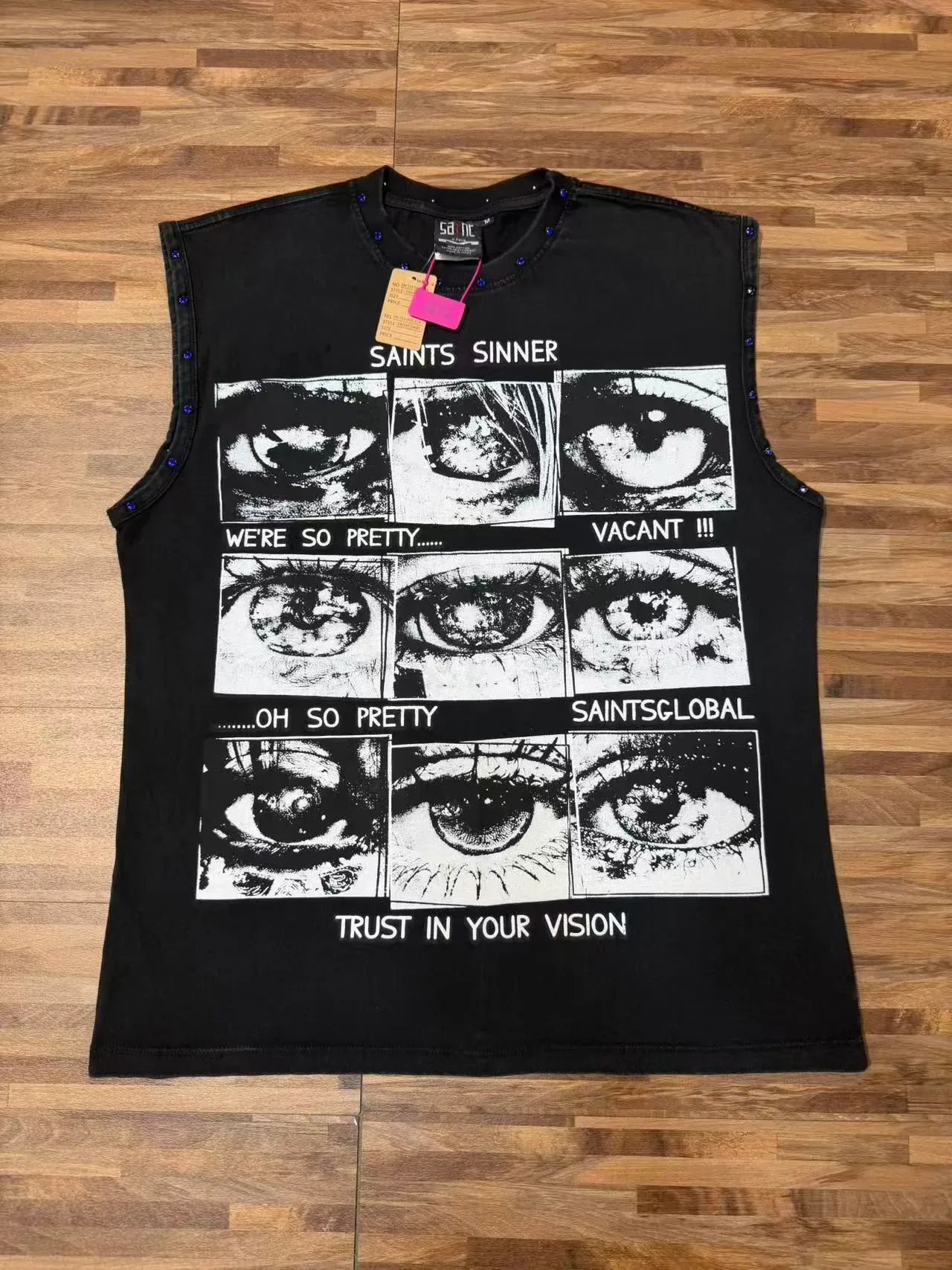 Saints Sinner Graphic-Print Rhinestone-Trimmed Black Denim Vest Top 5