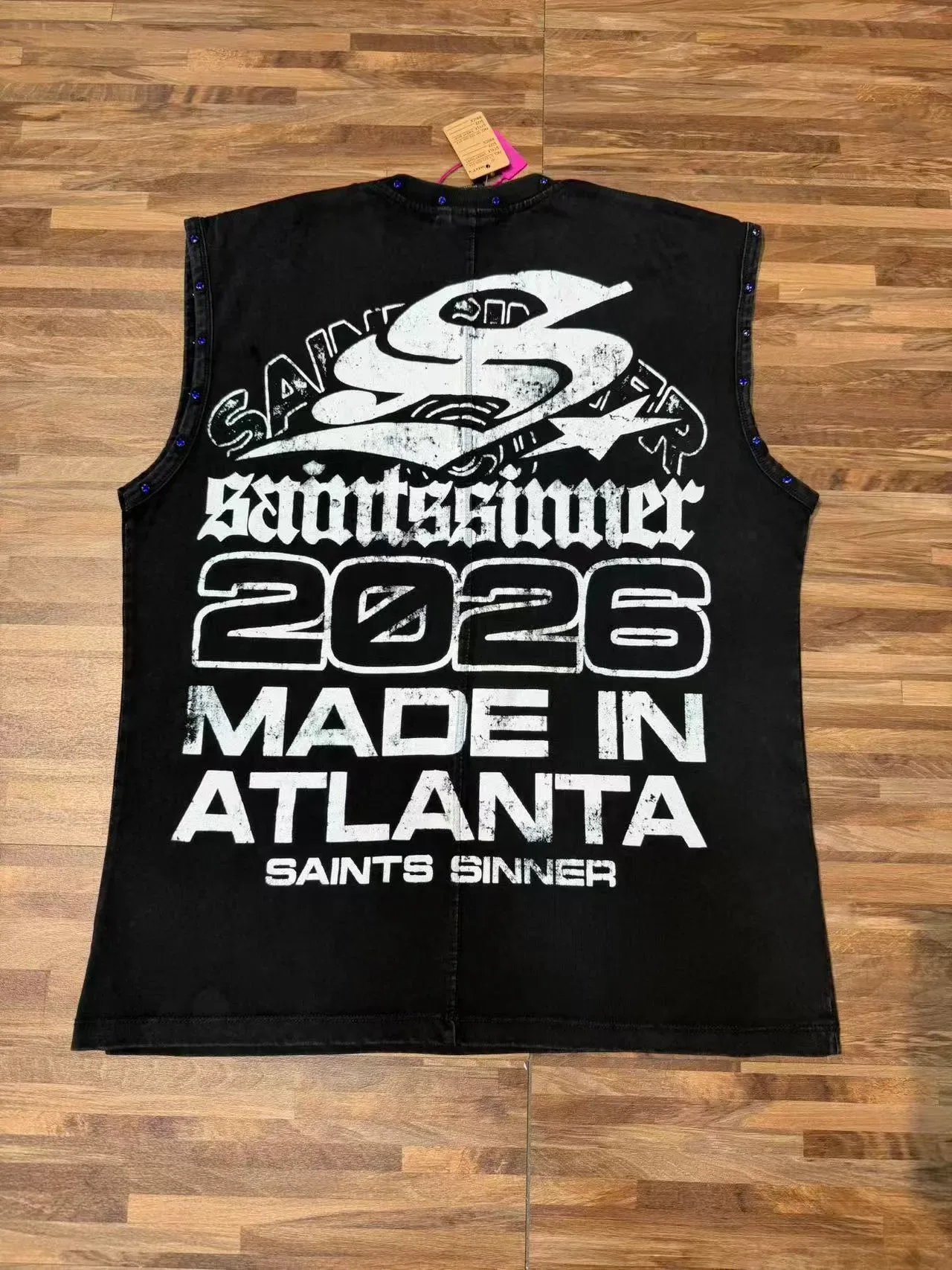 Saints Sinner Graphic-Print Rhinestone-Trimmed Black Denim Vest Top 6