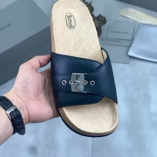 Scholl Navy Leather Buckle Strap Slipper