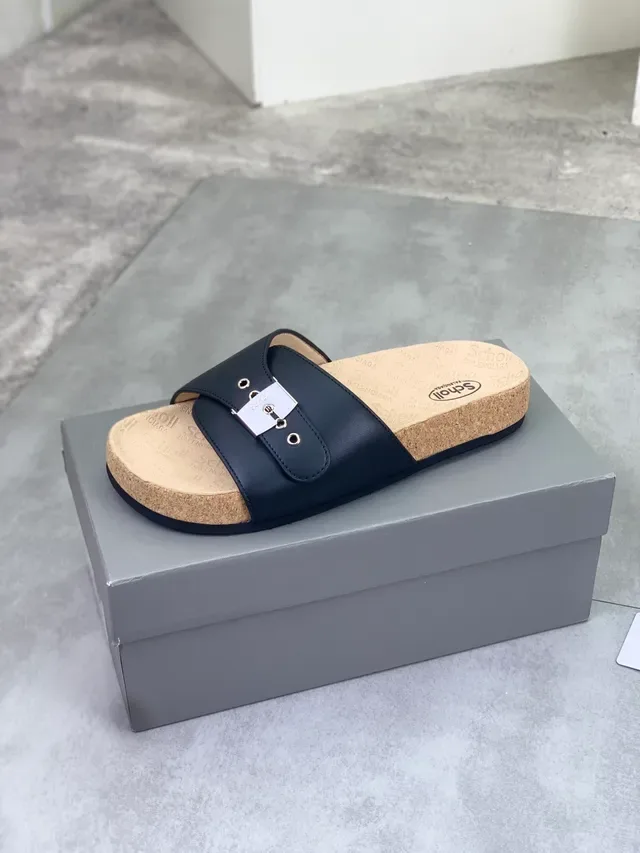 Scholl Navy Leather Buckle Strap Slipper 4