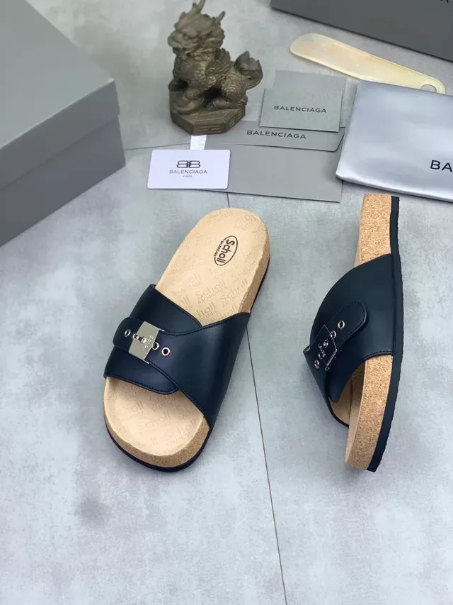 Scholl Navy Leather Buckle Strap Slipper 5