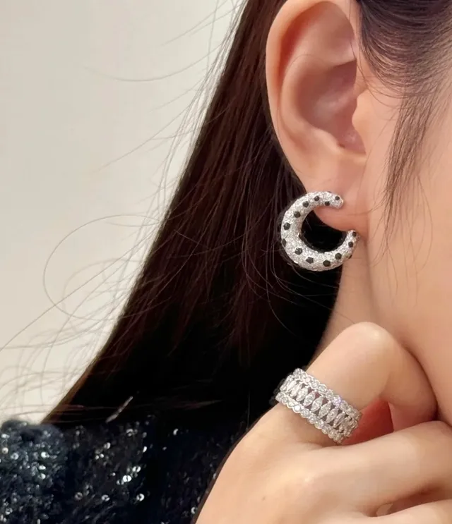 Silver Black Crescent Hoop Pavé Crystal Earrings 9