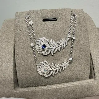 Silver Blue Feather-Shaped Pendants Pavé-Set Stones Necklace