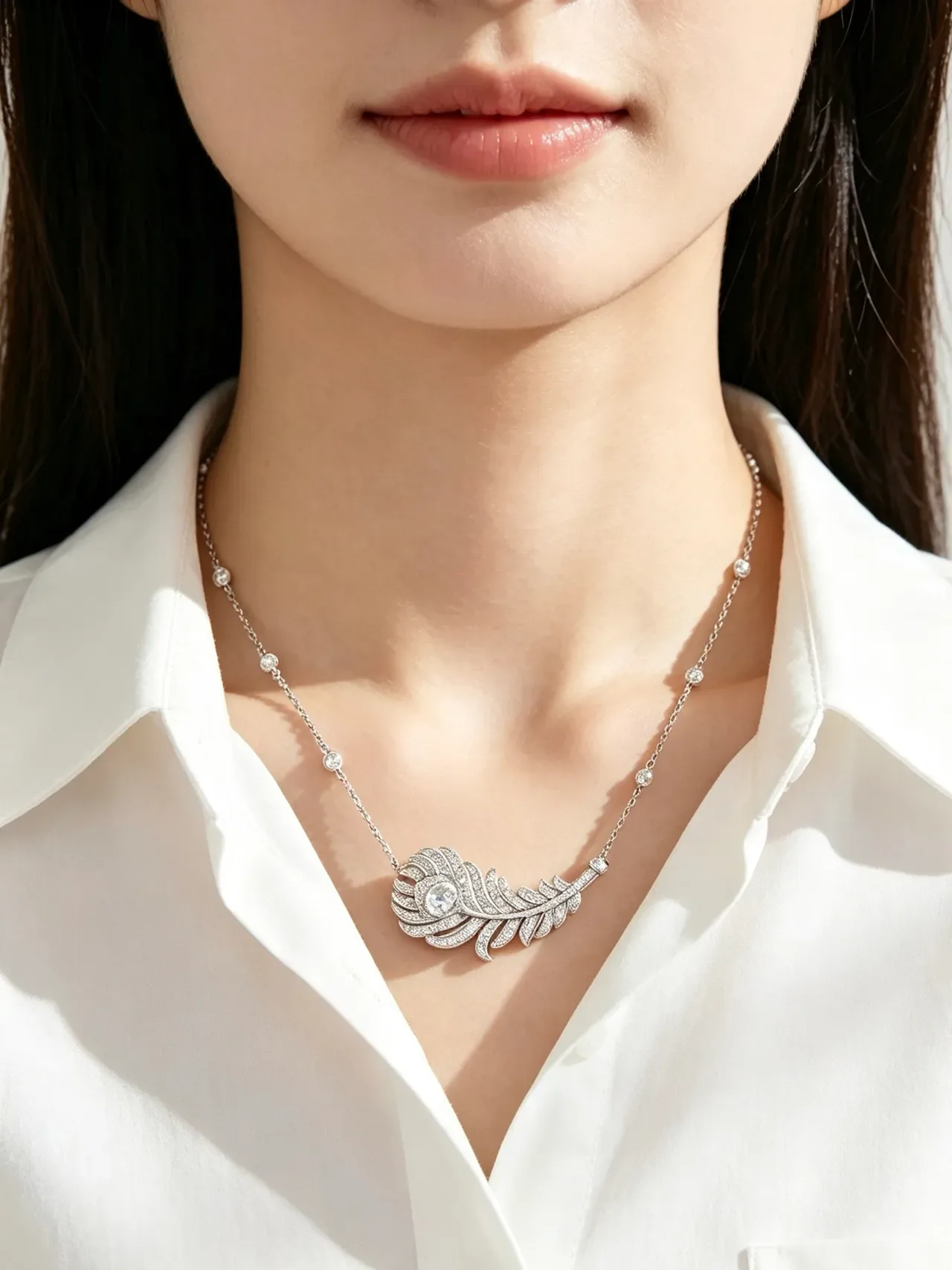 Silver Blue Feather-Shaped Pendants Pavé-Set Stones Necklace 3