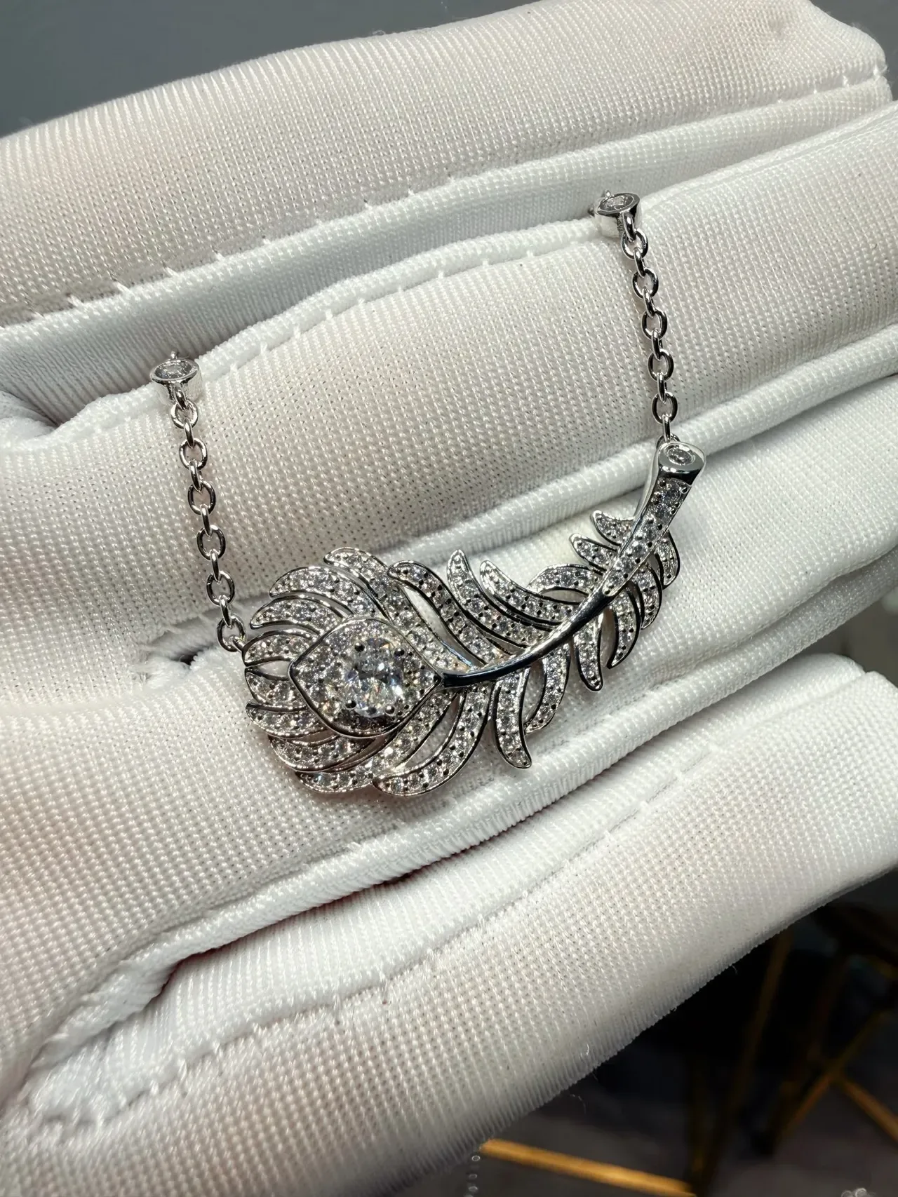 Silver Blue Feather-Shaped Pendants Pavé-Set Stones Necklace 4