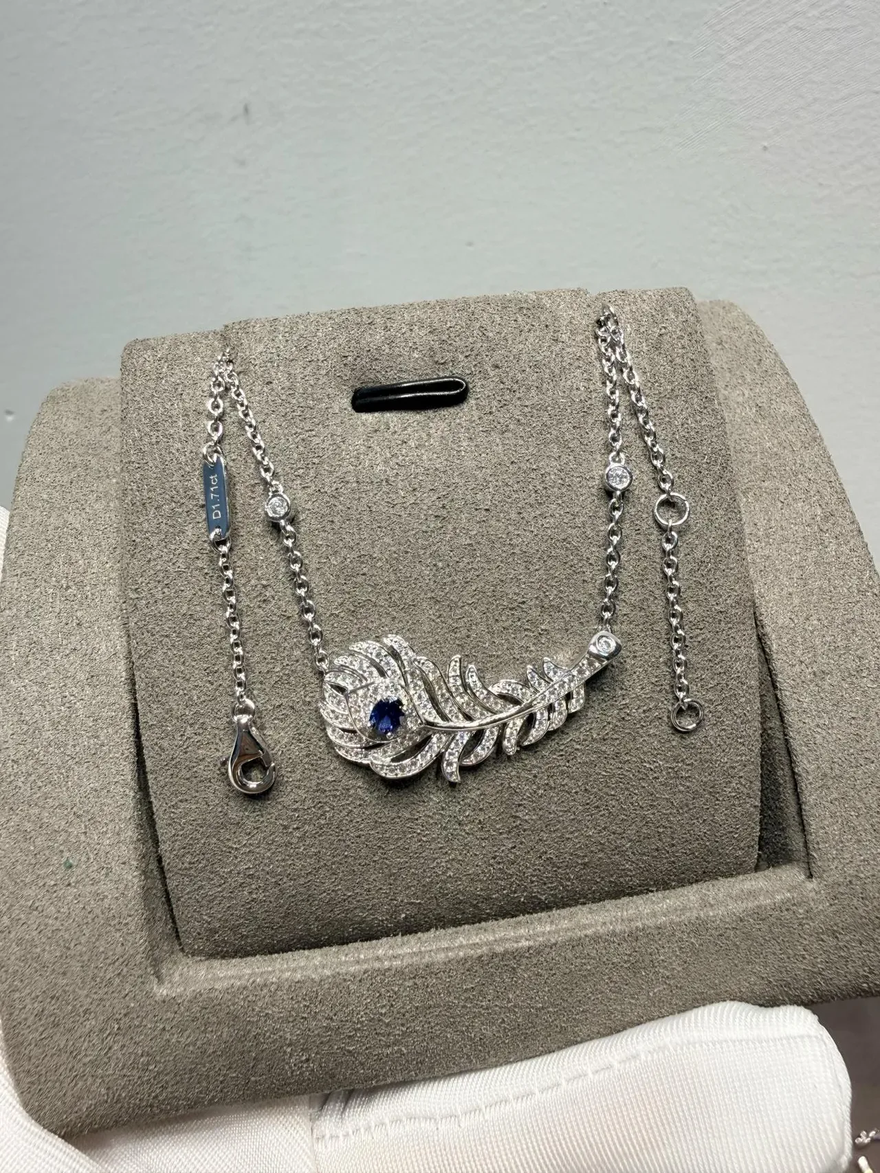 Silver Blue Feather-Shaped Pendants Pavé-Set Stones Necklace 9