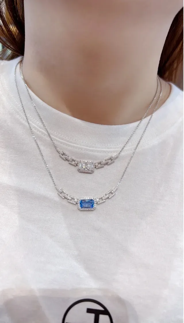 Silver Blue Pavé-Set Link Motif Rectangular Center Stone Necklace 2