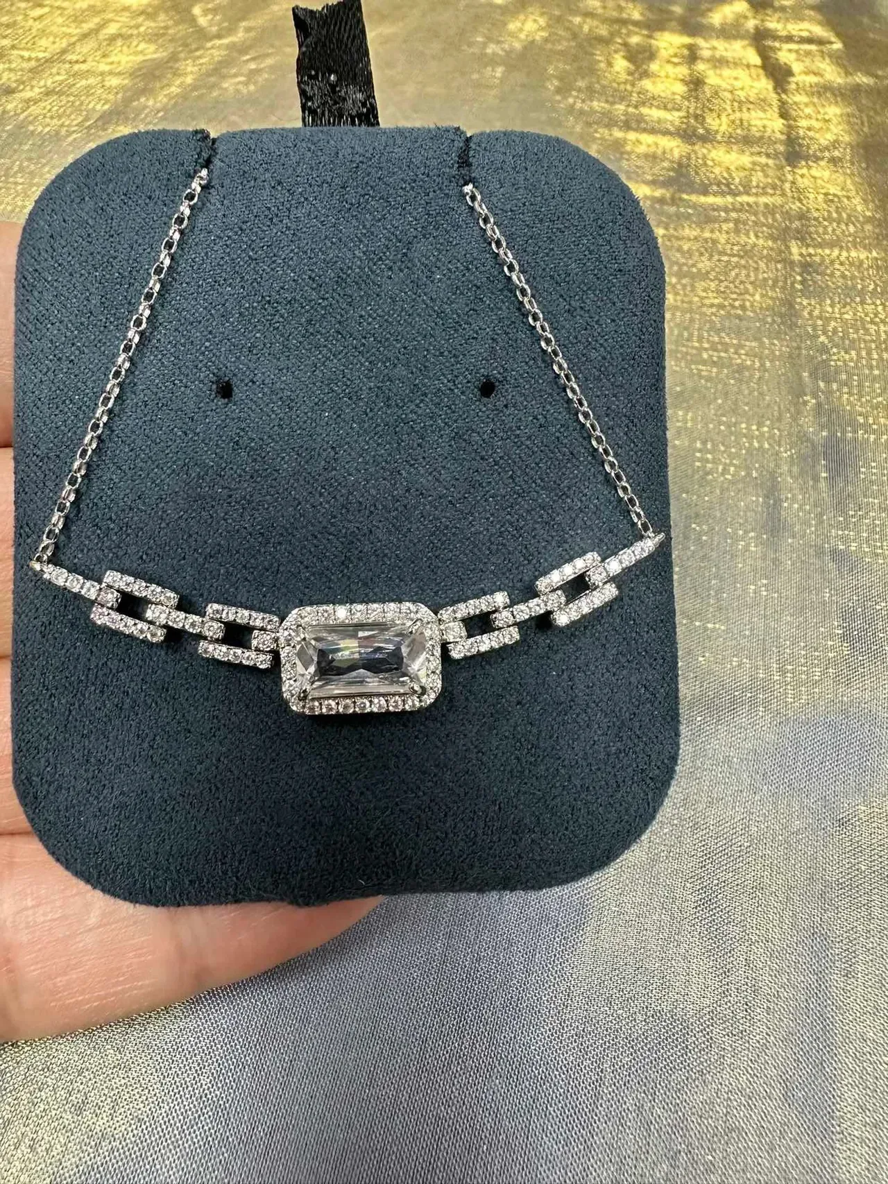 Silver Blue Pavé-Set Link Motif Rectangular Center Stone Necklace 7