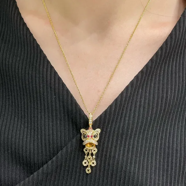 Silver Gold Animal-Head Pendants Pavé-Set Stones Necklace 8
