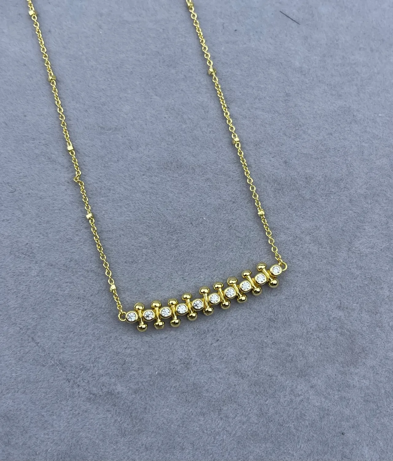 Silver Gold Bar Pendant Pavé-Set Round Stones Necklace 3