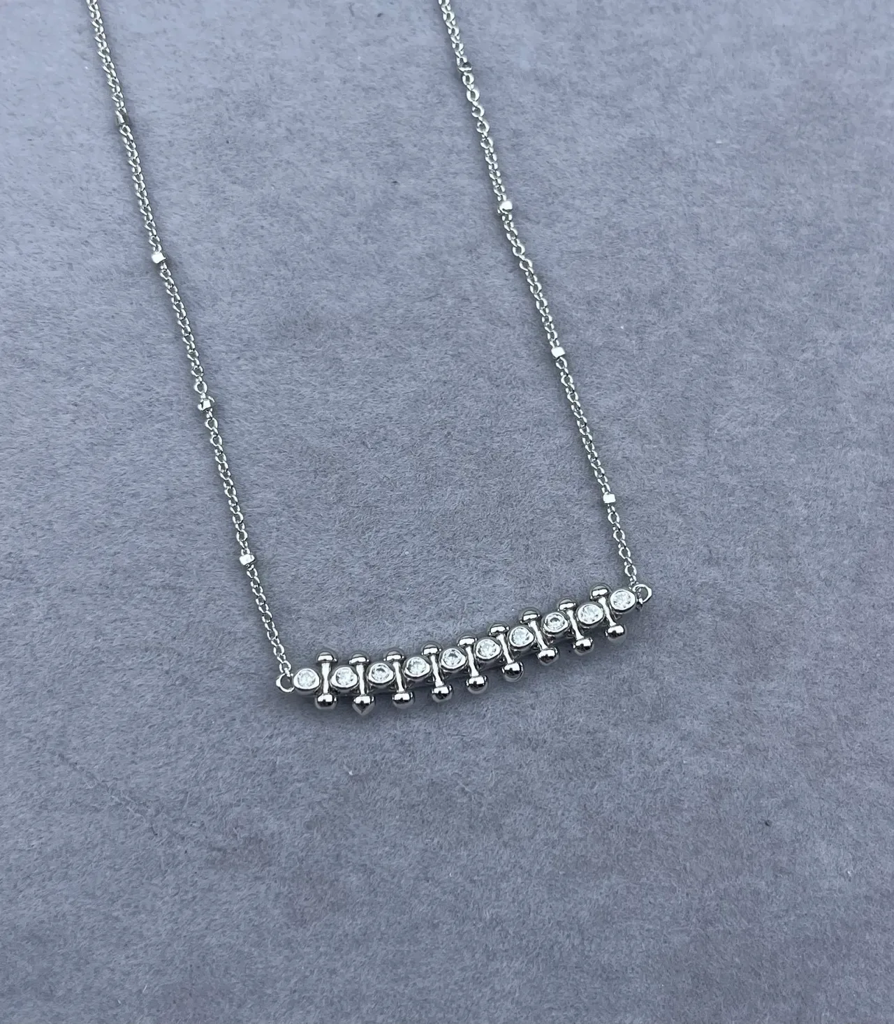 Silver Gold Bar Pendant Pavé-Set Round Stones Necklace 4