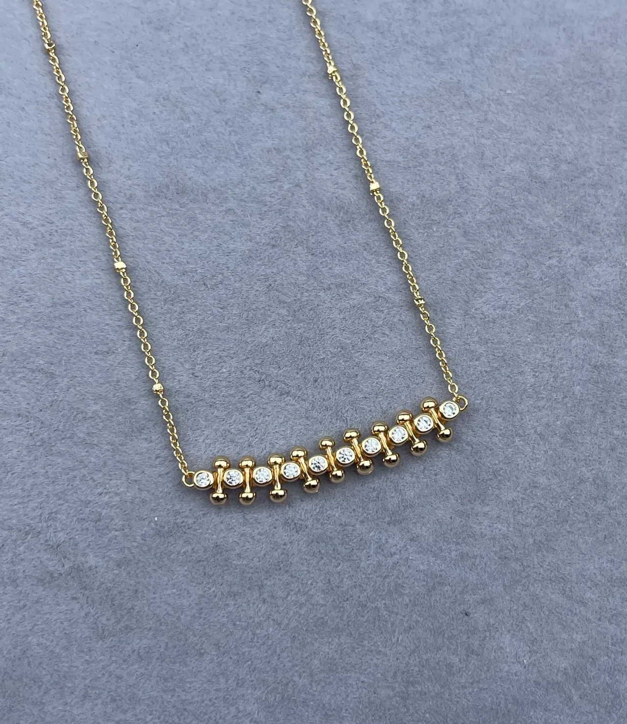 Silver Gold Bar Pendant Pavé-Set Round Stones Necklace 5
