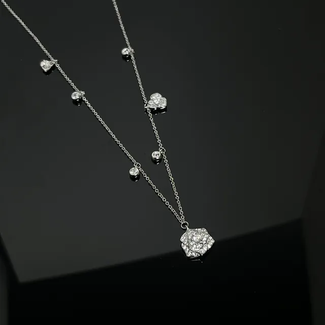 Silver Gold Multi-Chain Layered Pave-Set Floral Rose Pendants Necklace 3