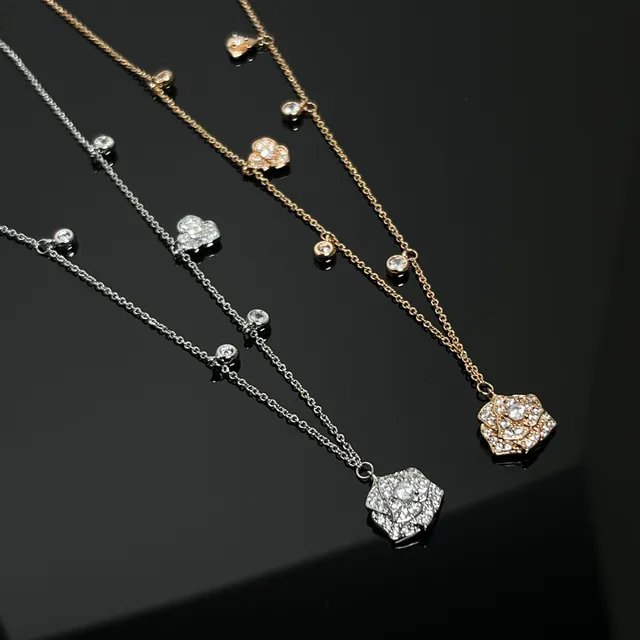 Silver Gold Multi-Chain Layered Pave-Set Floral Rose Pendants Necklace 4