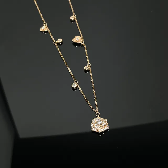 Silver Gold Multi-Chain Layered Pave-Set Floral Rose Pendants Necklace 5