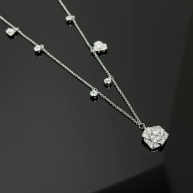 Silver Gold Multi-Chain Layered Pave-Set Floral Rose Pendants Necklace 6
