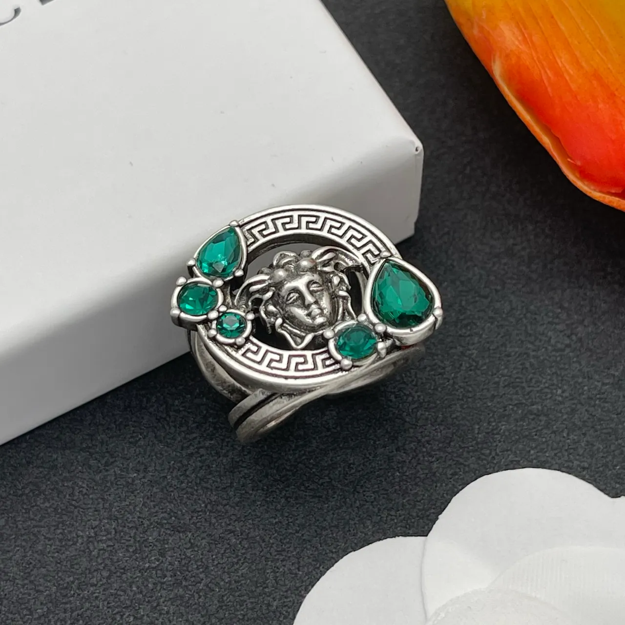 Silver Green Medusa Head Motif Greek Key Border Ring 8
