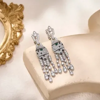 Silver Green Pavé-Set Geometric Motif Earrings