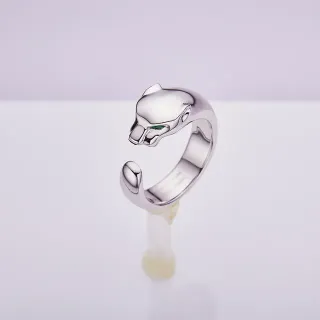 Silver Green Sculpted Panther Head Open Adjustable Band Ring