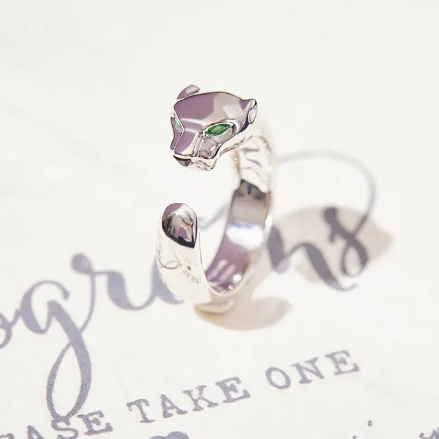 Silver Green Sculpted Panther Head Open Adjustable Band Ring 3