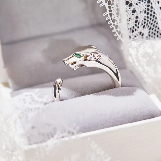 Silver Green Sculpted Panther Head Open Adjustable Band Ring 4