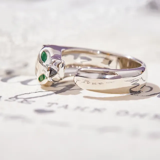 Silver Green Sculpted Panther Head Open Adjustable Band Ring 5