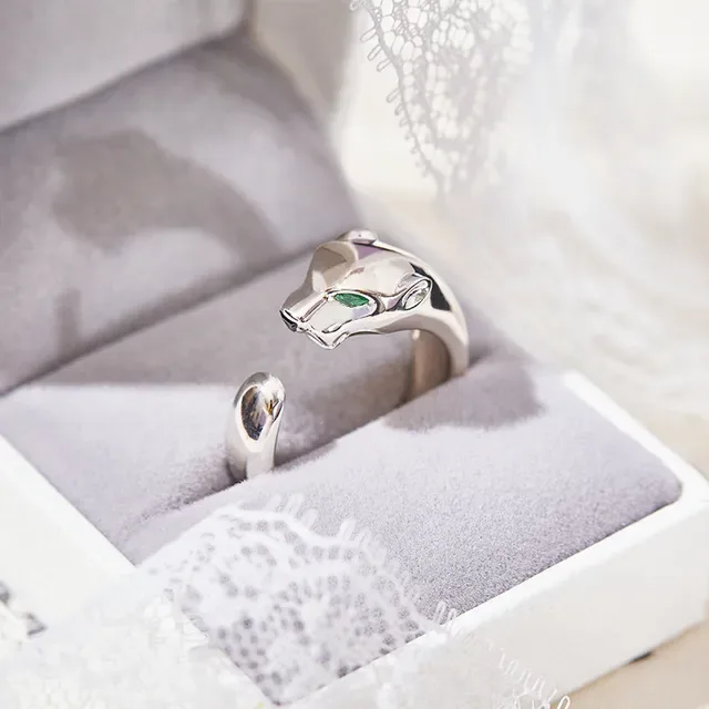 Silver Green Sculpted Panther Head Open Adjustable Band Ring 6