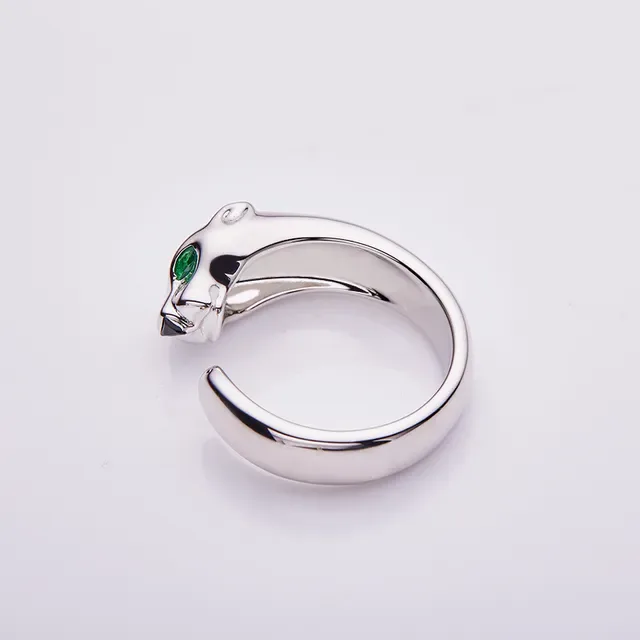 Silver Green Sculpted Panther Head Open Adjustable Band Ring 7