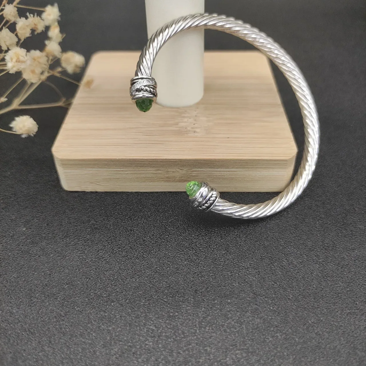 Silver Green Twisted Cable Construction Faceted Gemstone Terminals Jewelry 2