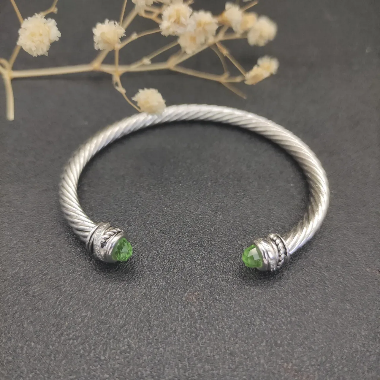 Silver Green Twisted Cable Construction Faceted Gemstone Terminals Jewelry 3
