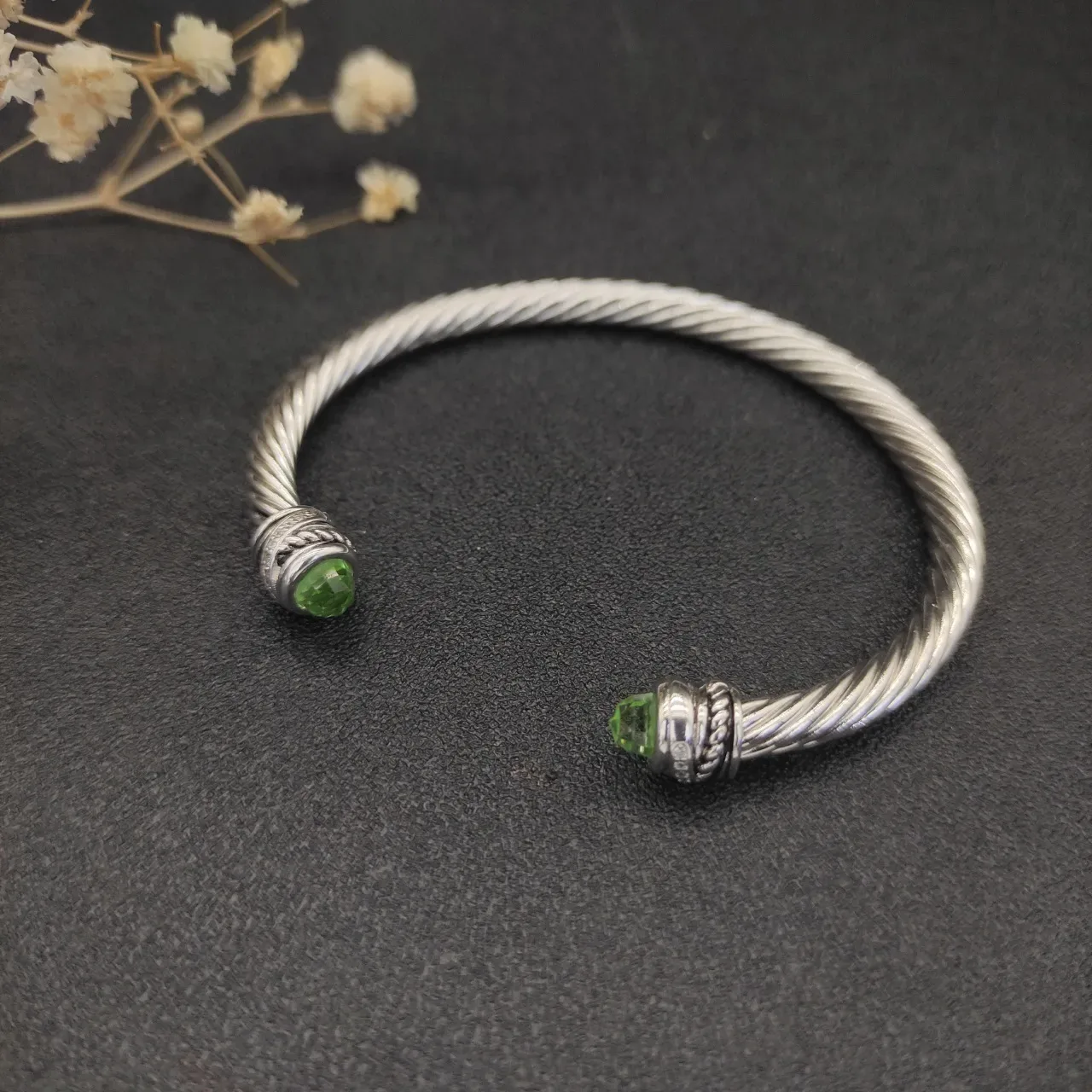 Silver Green Twisted Cable Construction Faceted Gemstone Terminals Jewelry 4