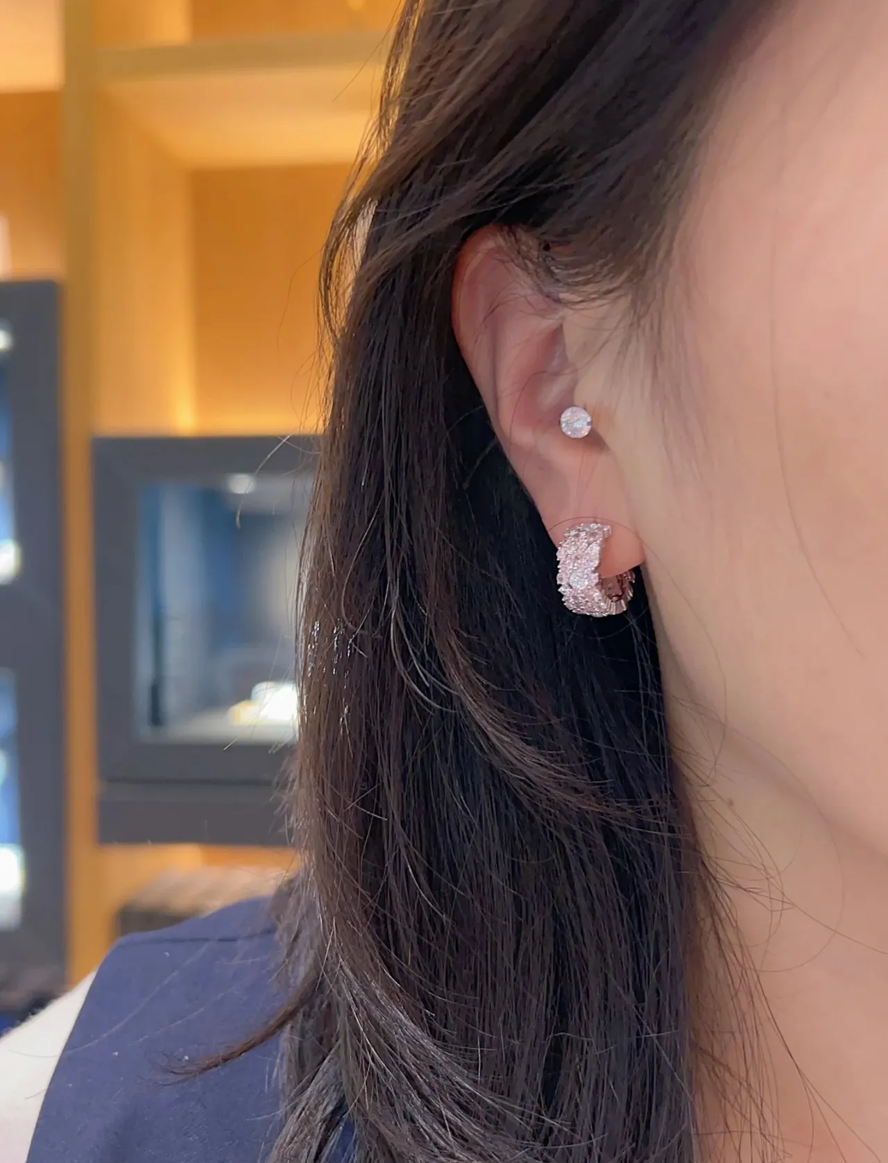 Silver Navy Pavé-Set Crystal Hoops Curved Hoop Silhouette Earrings 4