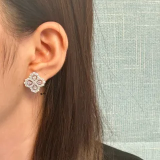 Silver Pink Floral Quatrefoil Motif Pave-Set Clear Stones Earrings