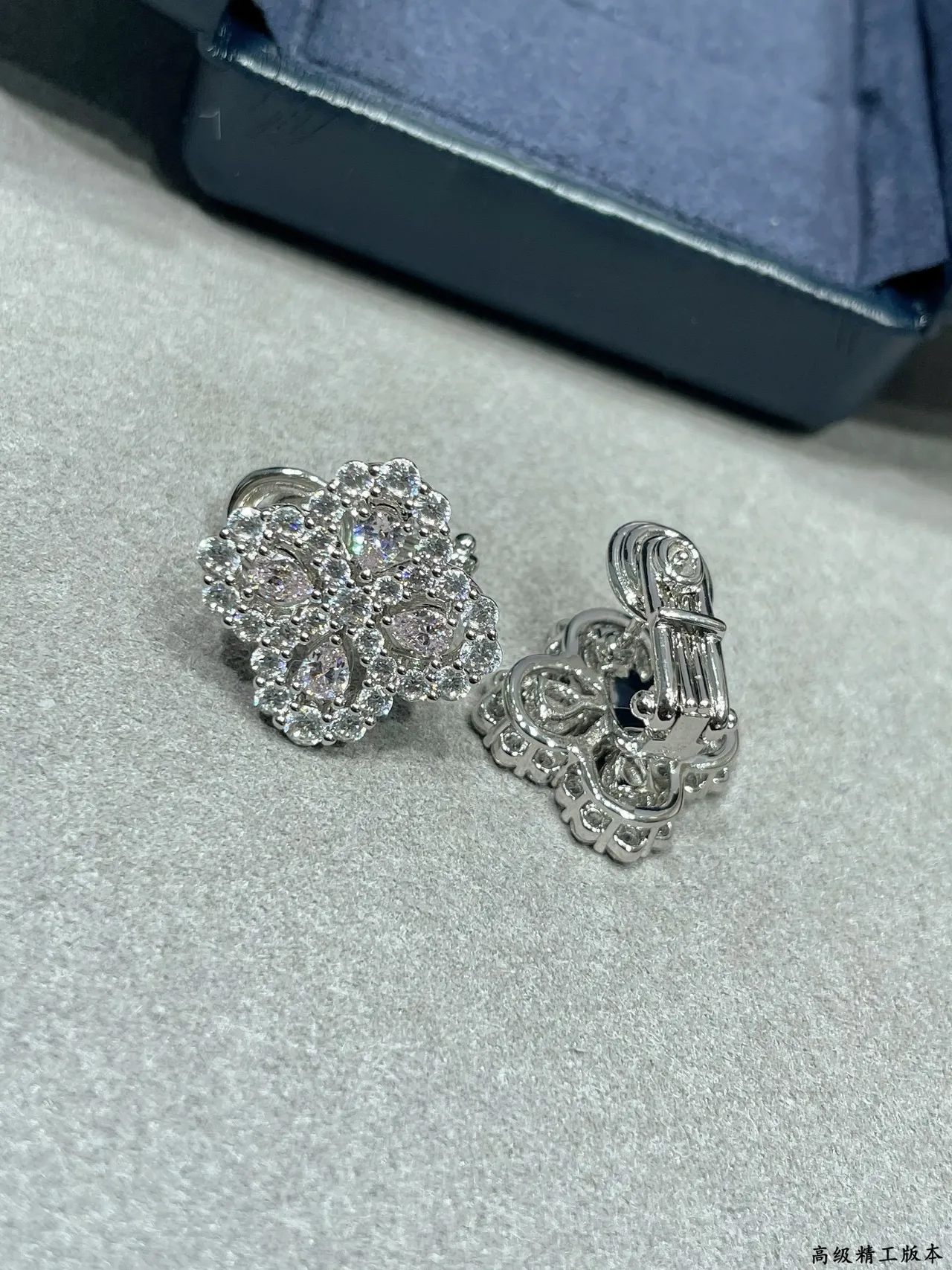 Silver Pink Floral Quatrefoil Motif Pave-Set Clear Stones Earrings 4